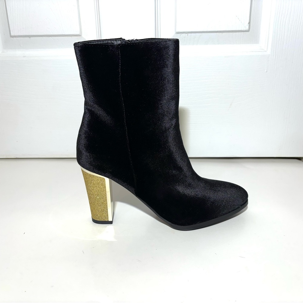 Cato Black Velvet Ankle Booties 9 NIB Gold Glitter Block Heel Disco Retro Party